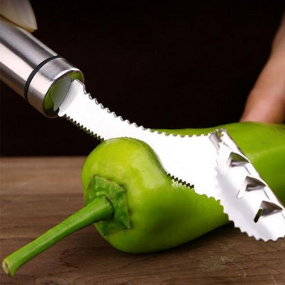 Chili Seed Remover Essential tool for the kitchen. This jalapeno corer tool makes pepper coring deseeding a snap with its unique ribbed scoop-like head, which grips and removes seeds with little effort from you.