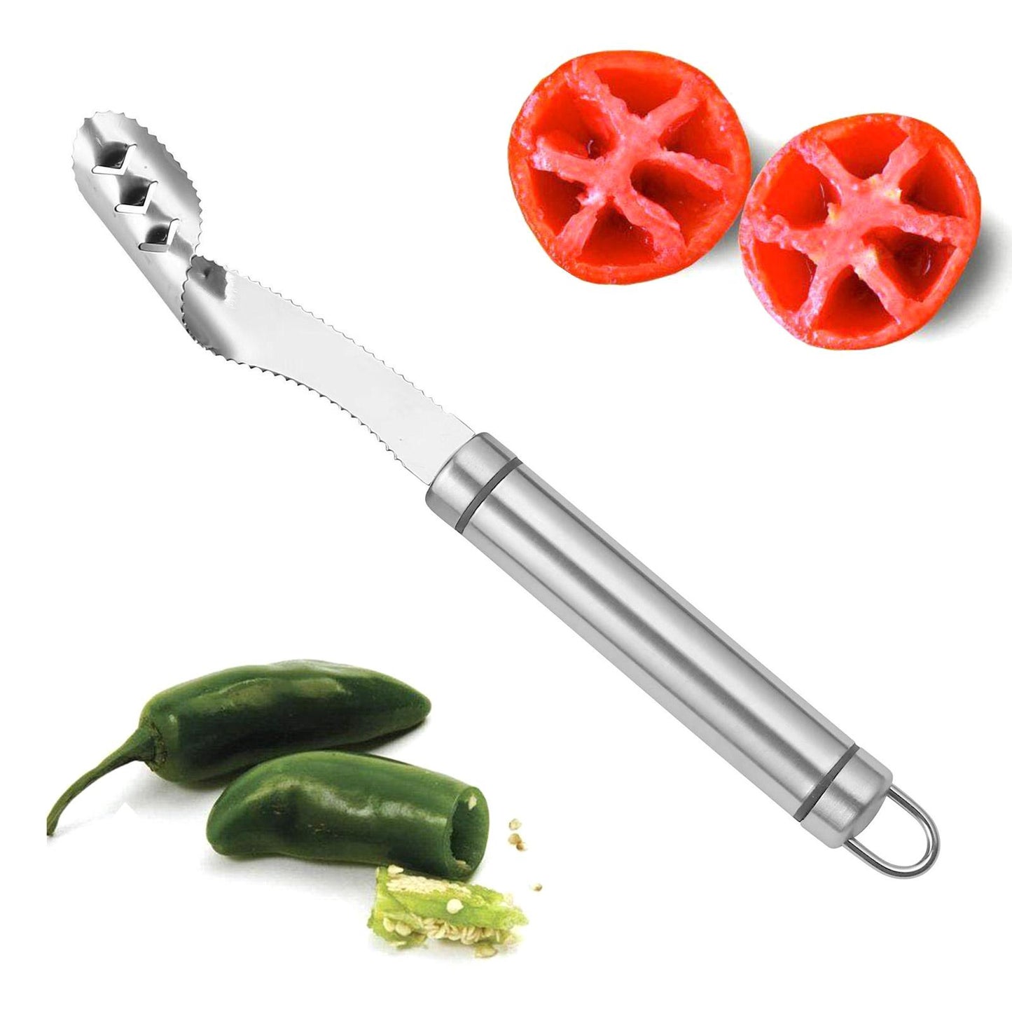 Chili Seed Remover Essential tool for the kitchen. This jalapeno corer tool makes pepper coring deseeding a snap with its unique ribbed scoop-like head, which grips and removes seeds with little effort from you.