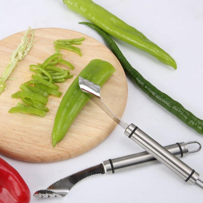 Chili Seed Remover Essential tool for the kitchen. This jalapeno corer tool makes pepper coring deseeding a snap with its unique ribbed scoop-like head, which grips and removes seeds with little effort from you.